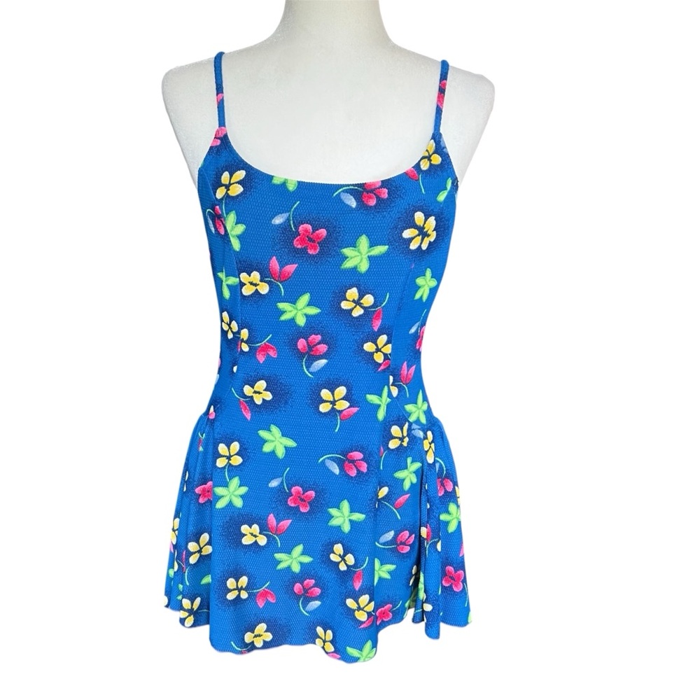 Vintage Cherokee blue floral bathing suit one piece swim dress Size 12